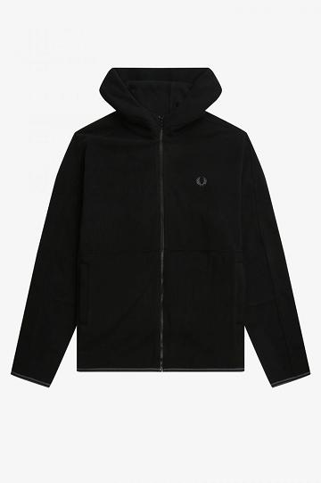 Black Fred Perry Polar Fleece Hooded Track Men's Jackets | PH 1233TCEV